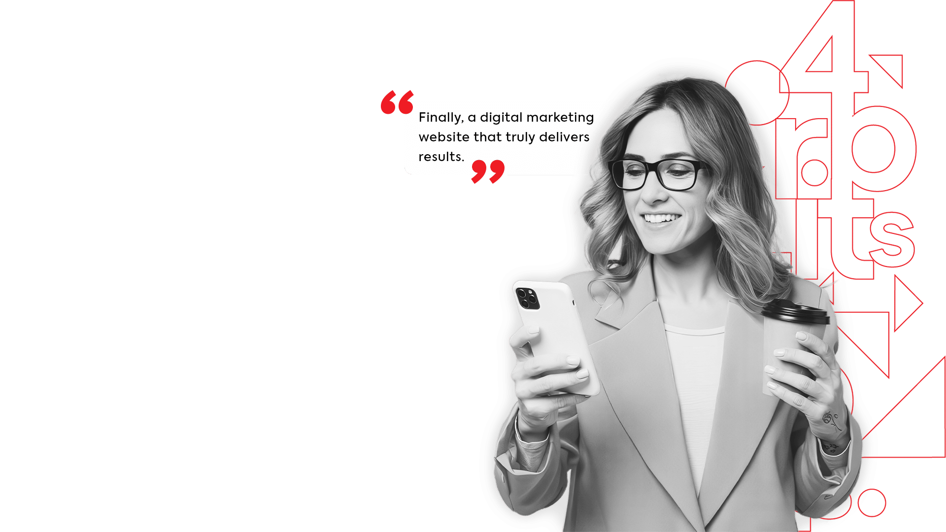 Woman holding phone and coffee.